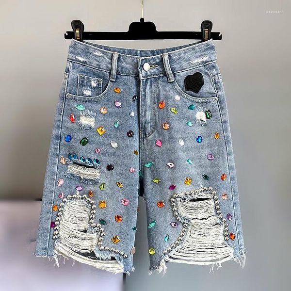 Jeans femininos verão mulheres denim colorido diamantes shorts streetwear feminino bf rasgado buracos calças nz72