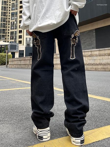 Jeans masculinos rua hip-hop pistola bordado y2k retro para homens e mulheres ins europeu americano alta solta calças casuais