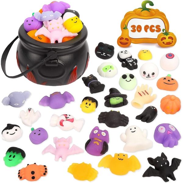 Brinquedos de Halloween Brinquedo 30 PCS para Crianças Adulto Bat Abóbora Gato Aleatório Mochi Squishy Stress Reliever Ansiedade Packs Favores de Festa com Jar 230919