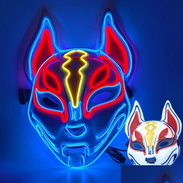 Máscaras de festa Halloween Fox Máscara Cosplay LED Brilho Japonês Colorf Neon Light El no Clube Escuro Adereços FY0276 Drop Delivery Home Garde Dh1ay