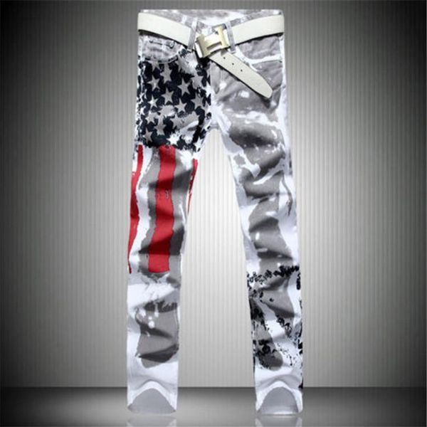 2017 Nuovi Uomini di Arrivo Casual Americano USA Flag Stampato Jeans Pantaloni Uomo Graffiti Stampa bianco moda hip-hop Jeans262p