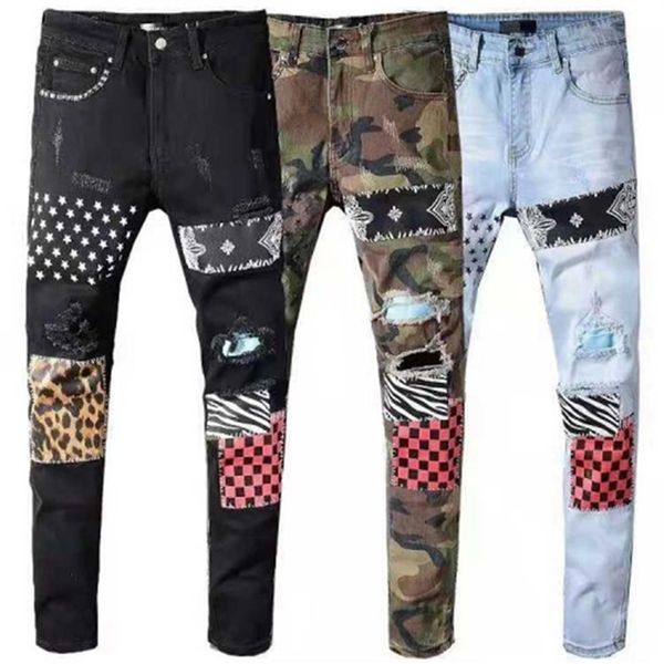 Mens Jeans Luxurys Designer Nakış Tasarımı Beş Yıldızlı Pantolon İnce-bacak Fit Erkekler Moto Denim Hip Hop Punk En Kalite Boyut 29-42249V