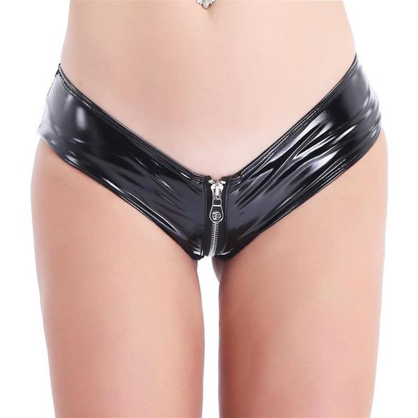 Shorts de couro feminino calcinha preta sexy lingerie erótica com zíper virilha aberta baixo aumento bikini briefs roupa interior brilhante underpa266w