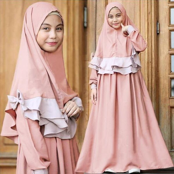 Abbigliamento etnico Bambini musulmani Ragazze 2 pezzi Abito da preghiera Hijab Abaya Ramadan Set Bambini arabi Jilbab Foulard Abito lungo Chador islamico