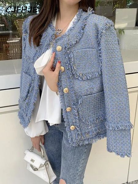 Giacche da donna cjfhje tassel elegante giacca di tweed corta donna donna blu chic woolhen woolhen woolhen femmina femmina tasche di moda coreana aspista a maniche lunghe 230919