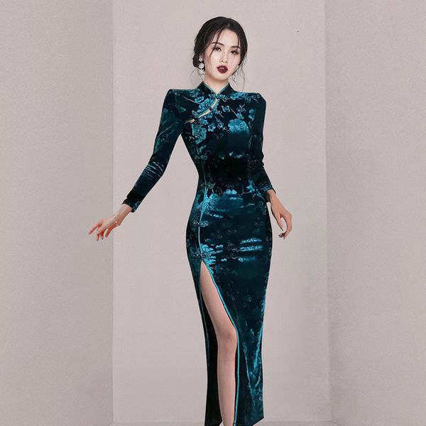 Vestidos casuais básicos primavera outono mulheres cheongsam longo velho vestido de shanghai senhoras temperamento vintage estilo chinês em relevo veludo 230919