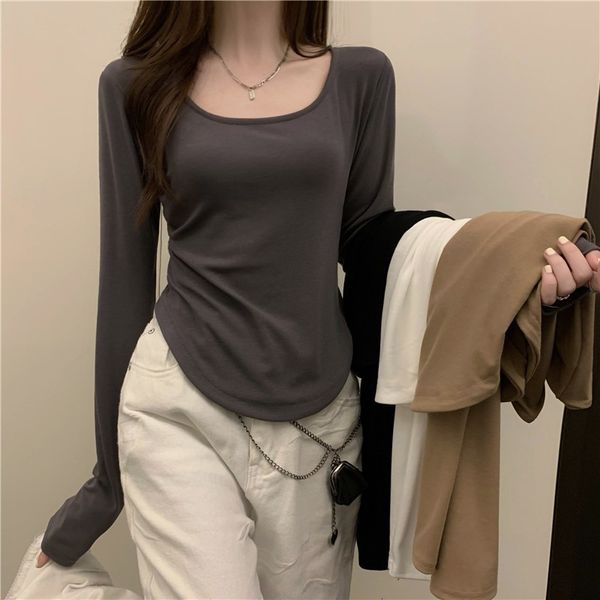 Damen-T-Shirt, langärmelig, quadratischer Ausschnitt, Frühling und Herbst, unregelmäßiger Saum, schlankes, lässiges Oberteil, Mädchen-Bottom-Shirts 230919