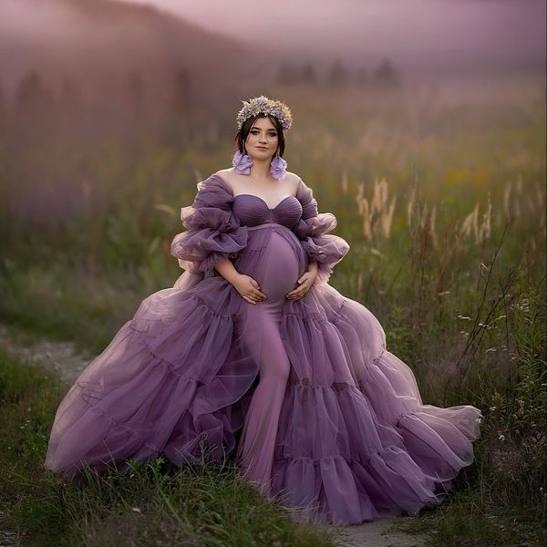 Lila herzförmiges Umstandskleid für Fotoshooting, Empire-Taille, langärmliges Abendkleid mit Futter, Babyparty-Kleider