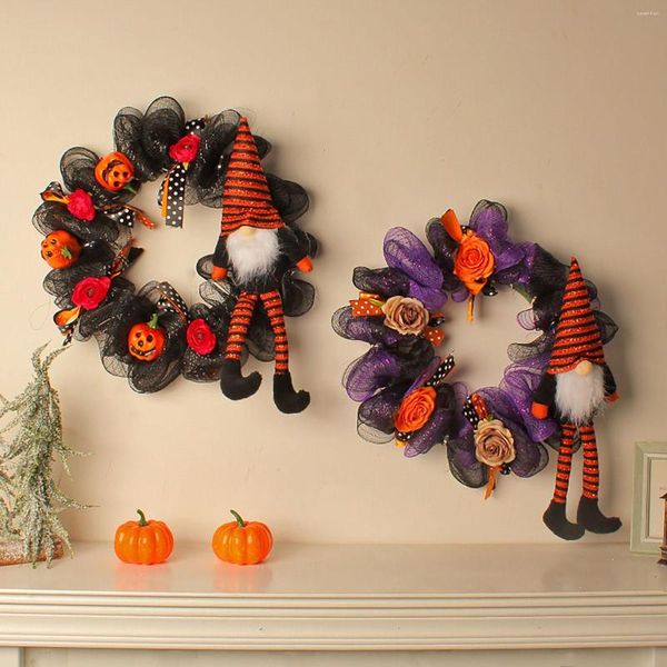 Flores decorativas halloween boneca de pernas longas guirlanda porta pendurado decoração rosto velho fantasma festival terror festa adereços pogal