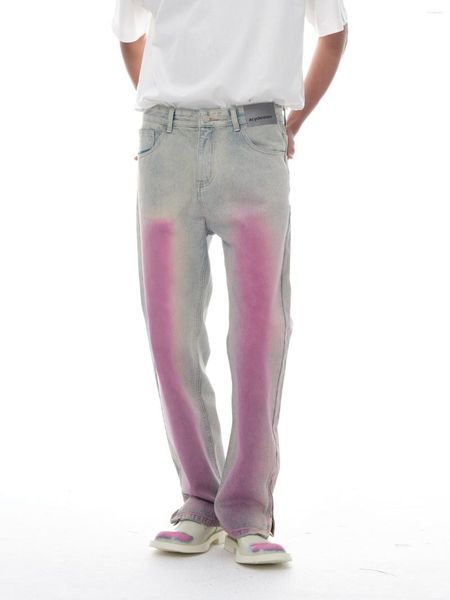 Herren Jeans Y2K Punk High Street Functional Vibe Unisex Hand Spray Farbe Hose Bein Reißverschluss Hellblau Wash Straight