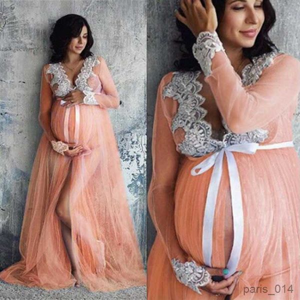 Vestidos para grávidas mulheres vestido de maternidade para sessão de fotos roupas de gravidez manga longa renda guarnição malha sheer split vestidos grávidas feminino