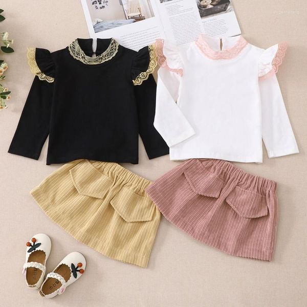 Conjuntos de roupas para meninas adolescentes, 2 peças, renda, manga voadora, saia, primavera, outono, roupas de menina, moda infantil, 1-6 anos