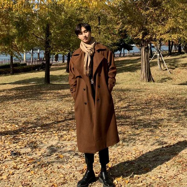 Misto lana da uomo Cappotto lungo spolverino caramello Uomo Trench invernale Stile coreano Uomo Cappotto di lana doppio petto solido Trench casual allentato Outwear L230919