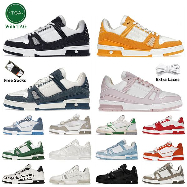 Luxo Mulheres Mens Designers Treinadores Monogramas Denim Designer Sapatos Casuais Flores Rosa Azul Virgil Em Relevo Abloh Branco Plataforma Preta Couro De Bezerro OG Sneakers