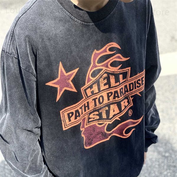 T-shirt da uomo Hellstar T-shirt in cotone extra large Lavaggio vintage Stampa nera T-shirt a maniche lunghe da uomo e da donna High Street T230919
