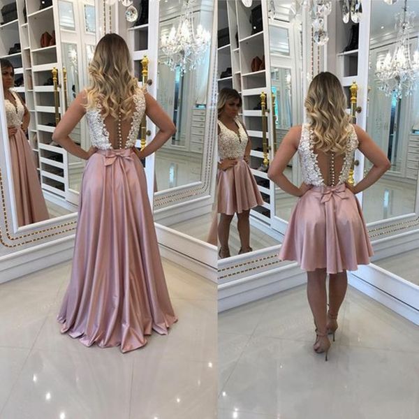 Elegante lange Satin-Spitzen-Abschlussballkleider mit Bogen a-line staubig Rose V-Ausschnitt Bühne Falten formale Party Abendkleid Robe de Soiree für Frauen