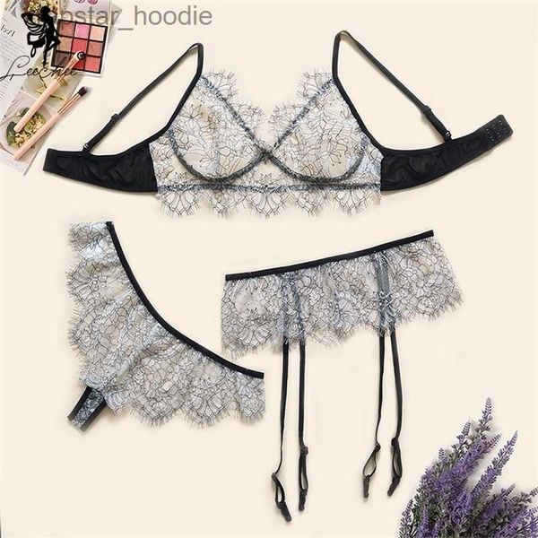 Bras Define Leechee New Lingerie Set Mulheres Sexy Wireless Bra Set Transoarent Lingerie Floral Lace Underwear Bras Garter Panty 3pcs Sexy Set LJ201211 L230919