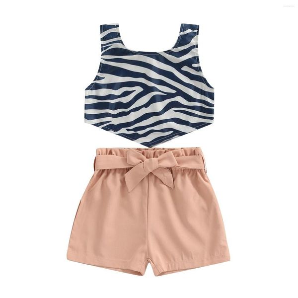 Conjuntos de roupas Criança Menina Calças Curtas Outfits Zebra Stripe Sem Mangas Apontadas Hem Regatas Sólidas Calções de Cintura Elástica Com Cinto Conjunto 1-5T
