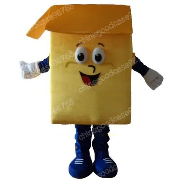 Desempenho amarelo caixa de papelão mascote traje de alta qualidade halloween natal fantasia vestido de festa de desenho animado personagem terno carnaval unisex adultos outfit