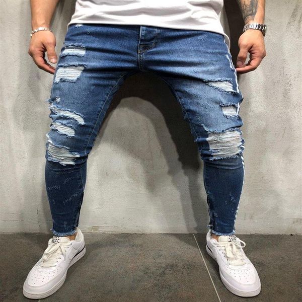 Mens quebrado lápis jeans high street robin azul jeans branco listra magro buraco denim calças asiáticas size280r