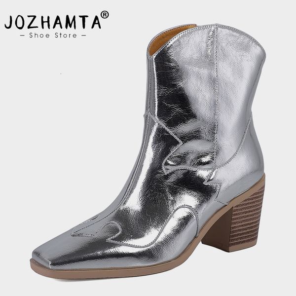 Botas Jozhamta tamanho 34-43 mulheres botas de tornozelo de couro real grosso sapatos de salto alto para mulheres inverno 2024 botas ocidentais senhoras casuais 230919