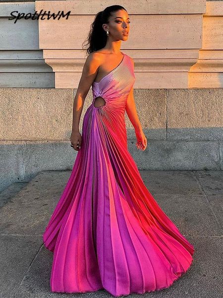 Grundlegende Casual Dresse Elegante Plissee Tie Dye Diagonal Kragen Maxi Weibliche Aushöhlen Backless Ärmel Unregelmäßigen Dame Abend Vestidos 230919