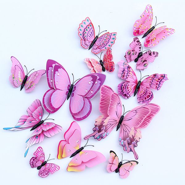 Adesivos de parede 12 pcs 3D dupla camada borboletas sala de estar decoração casamento crianças decoração diy arte ímã 230919
