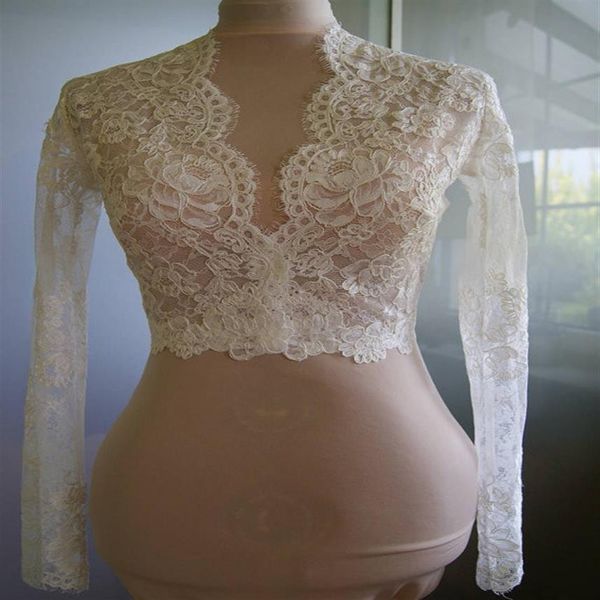 Moda branco marfim personalizado nupcial casamento envolve jaqueta barato designer rendas mangas compridas com decote em v estilo romântico casamento bolero 236s