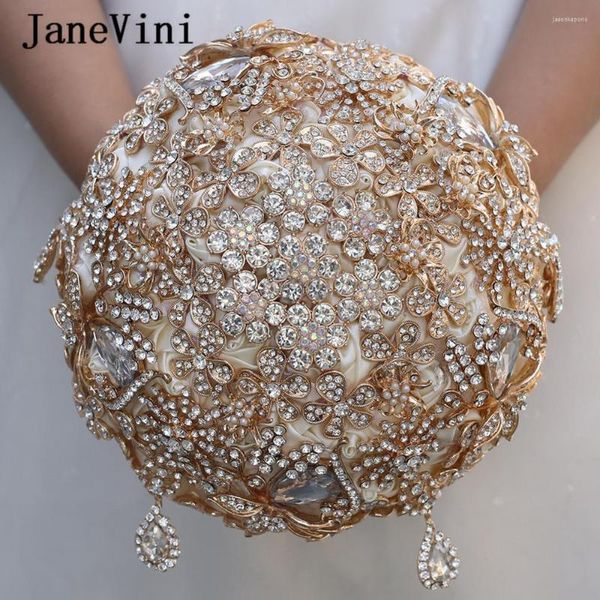 Свадебные цветы JaneVini, роскошный золотой бисерный ручной букет, искусственные атласные розы с кристаллами, свадебная брошь цвета слоновой кости, аксессуары