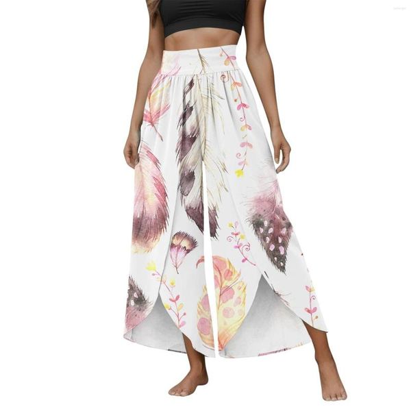 Pantaloni da donna Stampa Pantaloni a gamba larga Fessura fluida Vita alta Sciolto Bohemian Beach Taglie forti per donna Ropa Mujer