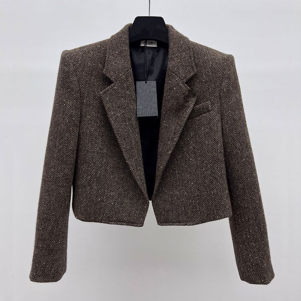 Niedriger Preis, Anzugjacke mit Brosche, Fischgrätenmuster, Wolle, kleiner Anzug, Damen-Winter-High-End-Vintage-Karo-Kurzjacke