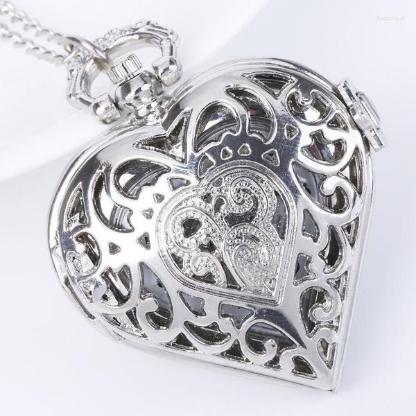 Relógios de bolso 100 pçs/lote moda prata em forma de coração flip quartzo colar feminino masculino presente atacado