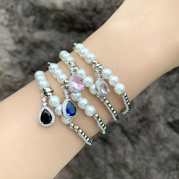 Charme pulseiras flola prata cor contas corrente waterdrop para mulheres cz strass lágrima elástica cristal jóias brtk36