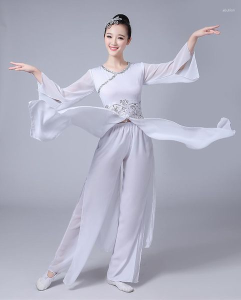 Сценическая одежда, танцевальный костюм с блестками, китайский народный костюм, женский белый цвет Yangko, 2 шт., национальная одежда с зонтиком