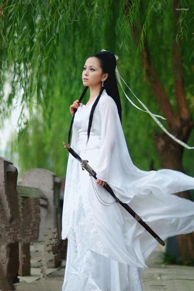 Сценическая одежда Классический китайский белый костюм Hanfu Han Тканевый слинг и перетаскиваемый пояс из шифона и песка