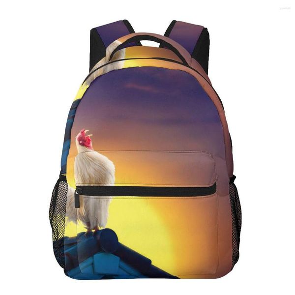 Mochila estética adolescente meninas escola saco de livro grande capacidade viagem galo branco cantando no telhado nascer do sol céu