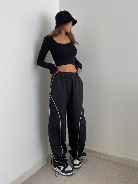 Pantaloni da donna HOUZHOU Hip Hop Cargo riflettente Donna Cyber Punk Y2k Streetwear Pantaloni sportivi oversize a gamba larga a righe Pantaloni Kpop femminili