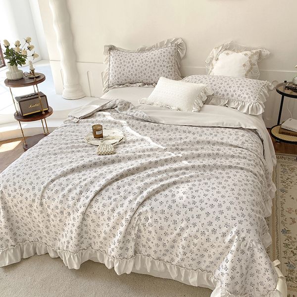 Комплекты постельного белья, комплект из 4 предметов, стираный хлопок и лен, маленькое летнее стеганое одеяло с французским цветочным узором, подходит для односпальной двуспальной кровати 230919