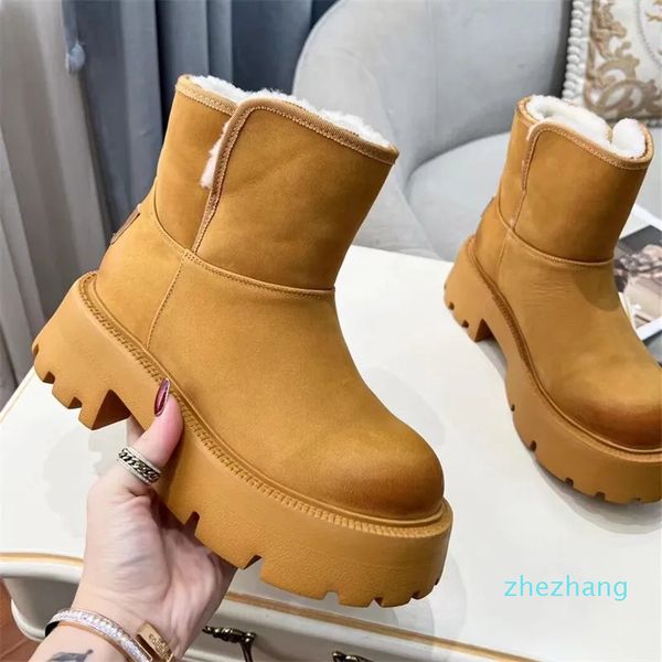2023-novas botas de inverno femininas couro fosco fundo grosso sapatos de algodão engrossados pele bota de neve integrada