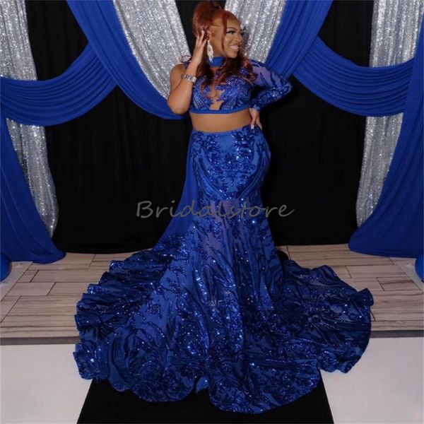 Блестящее синее платье с пайетками из двух частей для выпускного вечера 2023 Вечернее платье русалки на одно плечо с длинными рукавами для дня рождения Торжественная танцевальная одежда Vestidos De Noche Robes De Soiree