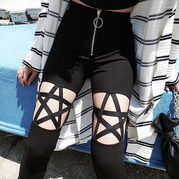 Calças femininas punk gótico leggings oco para fora calças de estrela de cinco pontas roupas femininas verão magro