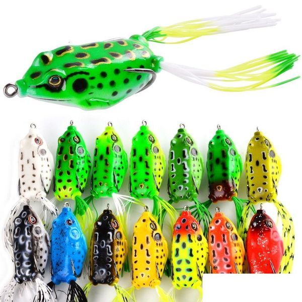 Esche esche 15 pezzi Set rana esca morbida tubo esca pesca in plastica con ganci Topwater Ray occhi artificiali 3D Set consegna goccia Sport superare Dhafw