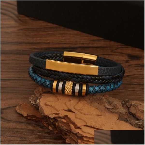 Corrente pulseira de aço inoxidável para homens mtilayer artesanal trançado couro fivela magnética pulseiras pulseira pulseira moda jóias dhwoa