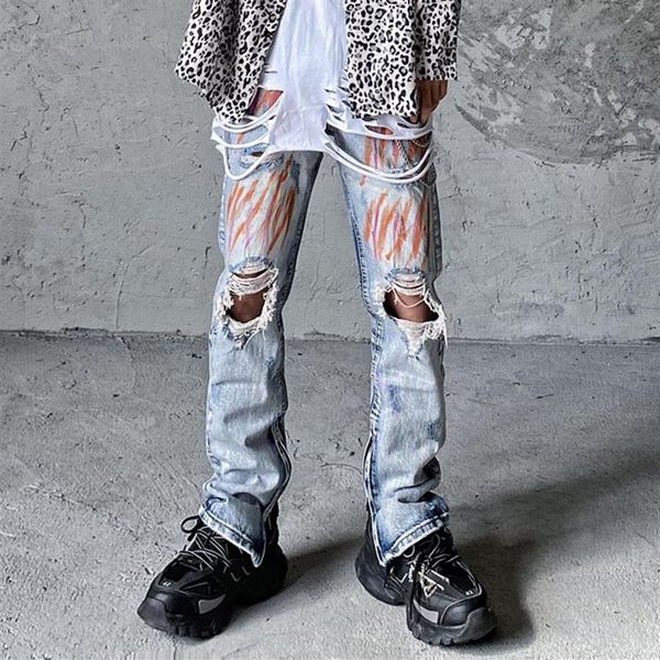Jeans masculinos tornozelo zíper buraco graffiti lavado para homens franja borla high street retro emendado denim calças hip hop solto ca1854