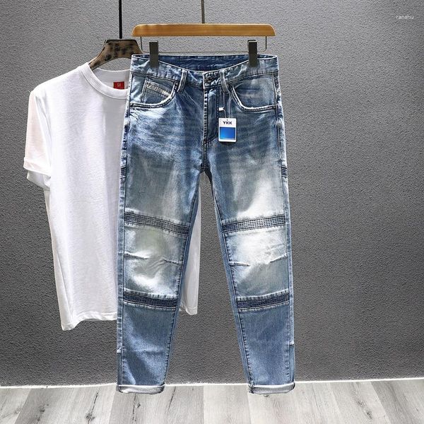 Calças de brim masculinas costura elástica retro moda lavada hip-hop rua motocicleta magro motociclista jeans calças masculinas rugas casuais calças jeans