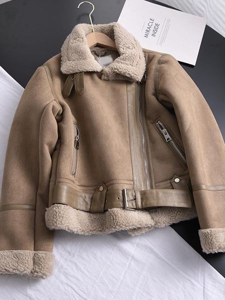 Damen Leder Winter Frauen Dicke Warme Wildleder Lamm Jacke Kurze Motorrad Braune Mäntel Faux Shearling Schaffell Jacken Outwear Mantel