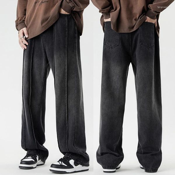 Jeans masculinos baggy homens calças soltas ajuste casual calças largas preto cinza listrado streetwear homem denim roupas kpop