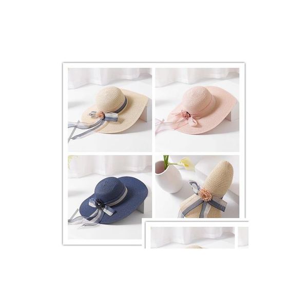 Mulheres Bowknot Largo Brim Chapéus Dobrável St Praia Longa Fita Sun Cap Lady Topee Sunhat para Dpring Verão Gota Entrega Dhbkd