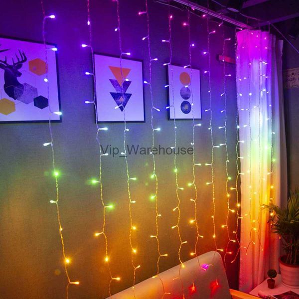 Cordas de LED para festa 1.5MX1.5M 192 LED Luz de fada de Natal USB AA Powered Rainbow Cortina Luz de corda para festa de casamento Quarto Janela Luz de guirlanda HKD230919