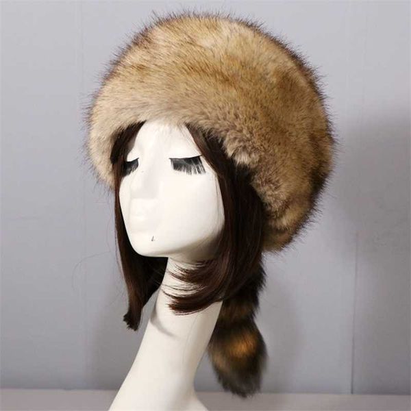 Rus sahte kürk şapkası Sonbahar Kış Yuvarlak Düz Üstü Erkekler İçin Kadınlar Sıcak Tail Unisex Rüzgar Geçirmez Headgear 230920